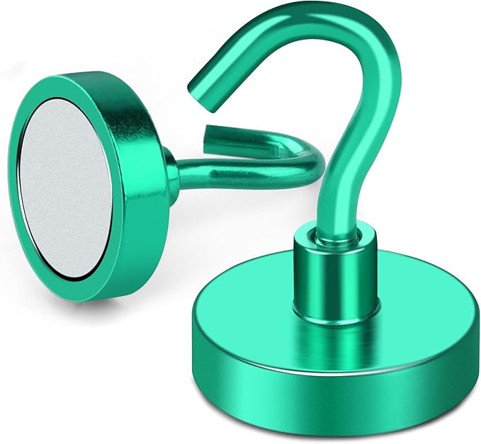 MIKEDE Magnetic Hooks Heavy Duty, 85LB Strong Magnet with Hook for Fridge, Super Neodymium Extra Strength Industrial Hooks for Hanging, Magnetic Hanger for Toolbox, Cruise, Grill(Green,4 Pack)