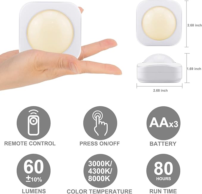 LUXSWAY Battery Push Light with Remote, Wireless LED Puck Light, Dimmable Stick-on Tap Light for Closet, Warm/Nature White Under Cabinet Lighting,Timer Off and Dimmable - (Warm White 4Pack)