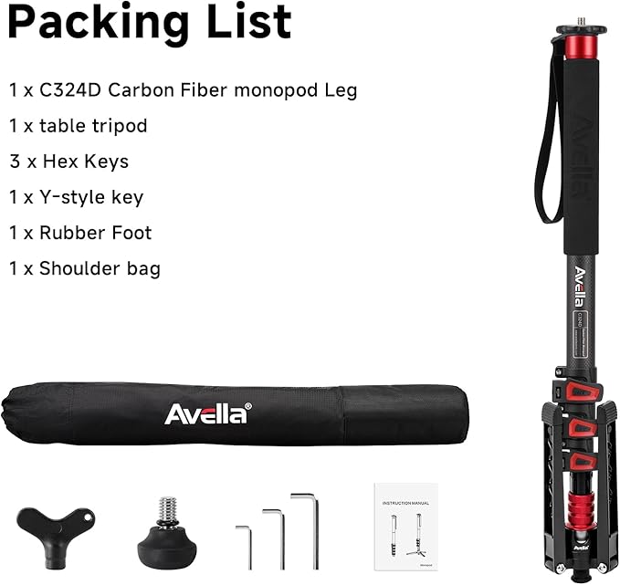 Avella C324D Carbon Fiber Monopod — 67" Telescopic Video Monopod for DSLR & Mirrorless Cameras