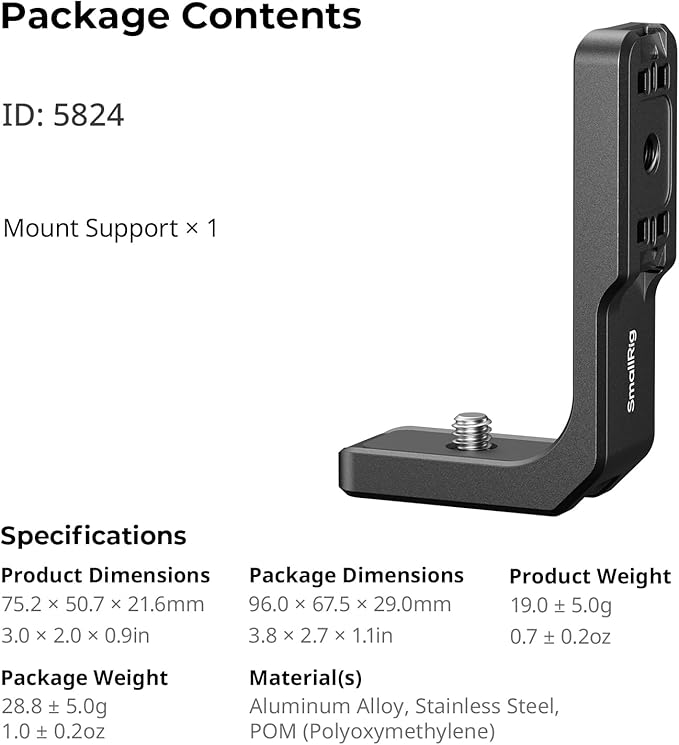 SMALLRIG Vertical-Horizontal Mount Support for Insta360 X5 / X4 Air / X4 / X3, Vertical Bracket Quick Release Mount with 1/4''-20 Thread - 5824