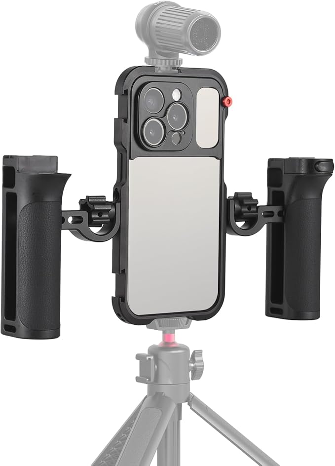Andoer Portable Phone Cage with Dual Handles Mobile Phone Video Rig Handheld Smartphone Stabilizer Several Cold Shoe Mounts Replacement for iPhone 15 Pro