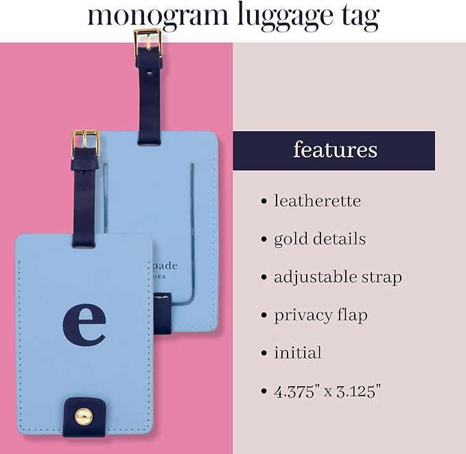 Kate Spade New York Leatherette Luggage Tag with Secure Strap, Colorful Suitcase Identifier for Travel, Monogram Bag Tag ID (E) (Pack of 2)