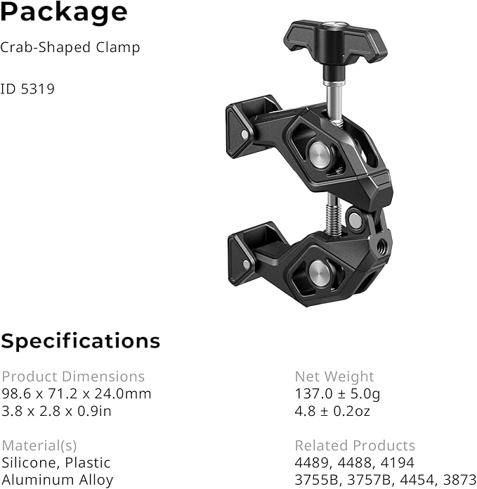 SMALLRIG Crab-Shaped Super Clamp with Swivel Tip & 1/4"-20 Expansion Holes, Max Clamping 50mm (2") for Camera Mounts, Tripod Accessories, Round Tube/Flat Surface, 5319