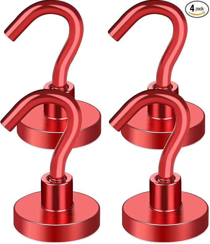 MIKEDE Magnetic Hooks Heavy Duty, 30LB+ Strong Magnets with Hook for Fridge, Neodymium Extra Strength Industrial Hooks for Hanging, Magnetic Hanger for Toolbox, Cruise, Grill(Red,4 Pack)