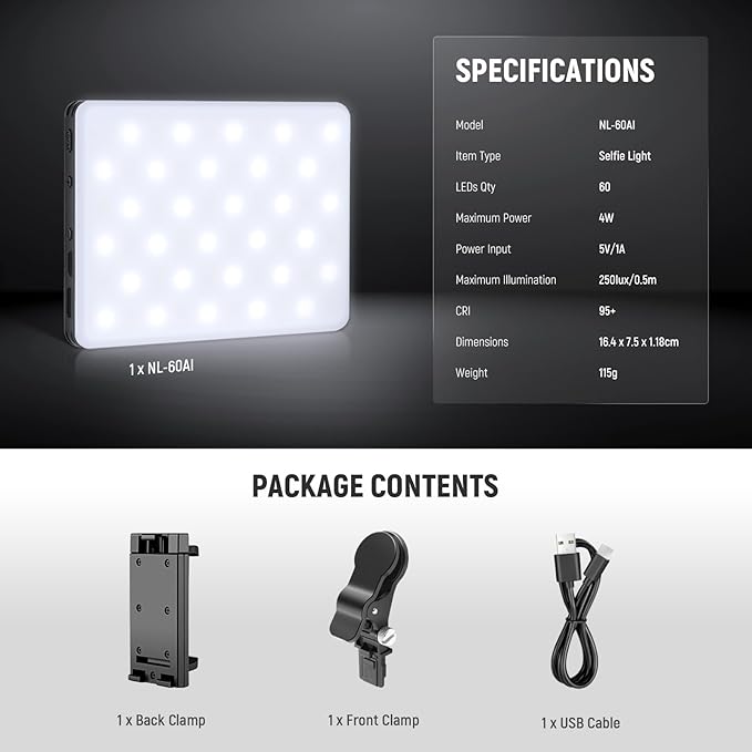 NEEWER Basics NL-60AI Selfie Light for Phone with Front & Back Clip, 60 LED 2000mAh Rechargeable CRI95+, 3 Modes, Portable Clip on Fill Lighting for Tablet Computer Laptop Zoom Call TikTok Video