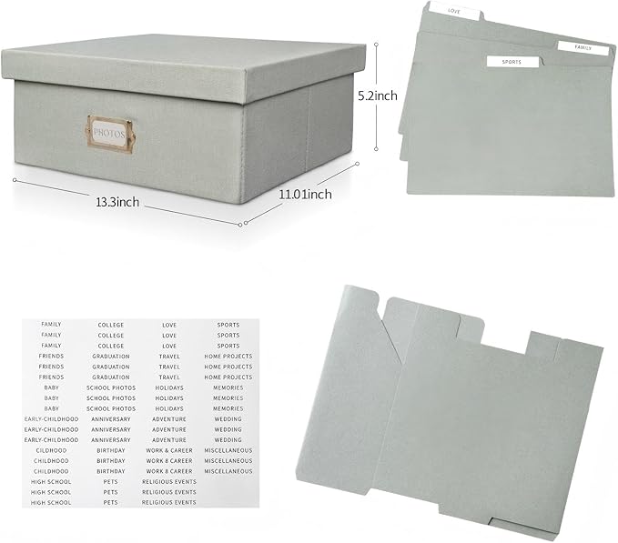 kroucoco Linen Photo Storage Box,Decorative Photo Organizer with Dividers Can Hold 1700 Photos(4x6) and Pictures,Photo Storage Containers with Lid for Cards,Stickers,Scrapbooks,Stamps,Keepsake