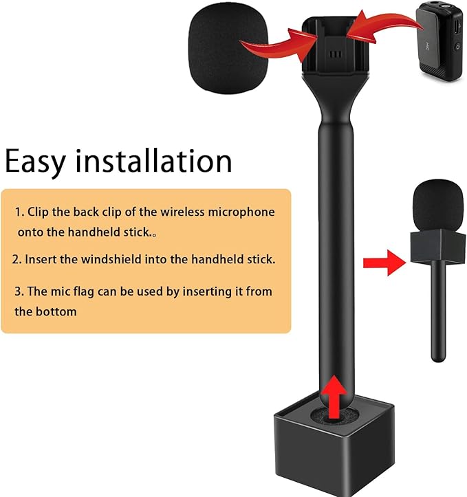 Wireless Microphone Handheld Adapter with Mic Flag & Windshield - Interview Handle Stick Mount for DJI Mic 3/2/Mini/Pocket 3, Rode Wireless GO II, Hollyland Lark - Pro Lavalier Mic Stand Holder