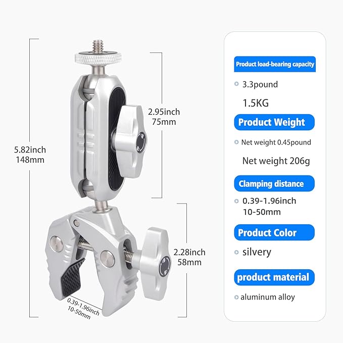 Super Clamp Mount with Dual 360° Ballhead Magic Arm with Phone Holder,1/4"-20 Screw Compatible with Mirrorless Camera,GoPro Hero,DJI OSMO Action,Insta360 X4/X3, Smartphone and More