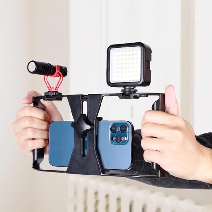 Smartphone Video Rig, Phone Video Stabilizer Grip Vlogging Cage with Adjustable Bracket, Mobile Phone Handheld Rabbit Cage for Live Video Portrait Recording