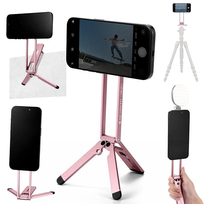 K&F CONCEPT Magnetic Phone Tripod Stande, 23N Strong Magnetic Mini Tripod Aluminium Alloy Pocket Selfie Stick, Mag Safe Phone Holder Compatible with iPhone 17 16 15 14 13 12 Series(Pink)