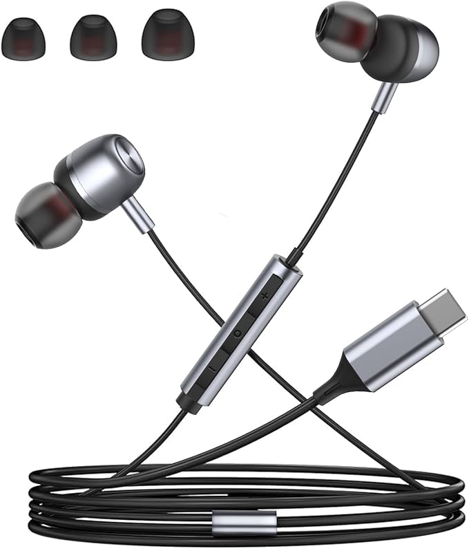 USB C Headphones for Samsung S24 S23 FE S22 S21 S20 A53 A54 Wired Earbuds Metal in-Ear Type C Earphone with Microphone Volume Control Bass Stereo for iPhone 17 Pro Max iPhone 16 Pro Max Pixel (Black)