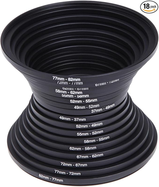 18Pcs Filter Ring Adapter Set, 37-82mm Metal Step Up/Down Rings Lens Adapter Filter Set Compatible with Digital SLR Camera, Camera Lens Filters Metal Stepping Rings Kit (Color:Black)