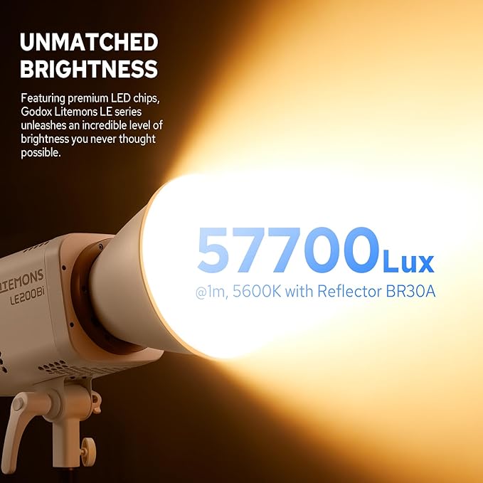Godox Litemons LE200Bi Bicolor LED Video Light, 220W 57700Lux@1M CRI98+ Bowens Mount LED Light, Studio Bright with APP Control, 11 FX Effects, 0-100% Brightness(White)