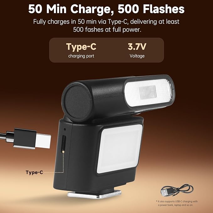 Mini Camera Flash Speedlite with Video Light, GN8 6500K Adjustable External Flash, Universal Single Contact Hot Shoe Mount, Compatible with Canon/Nikon/Sony/Fuji/DSLR