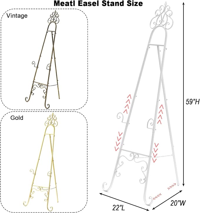 59" H Metal White Easel Stand for Sign, Large Adjustable Free Standing Scroll Display Easel for Wedding Sign Mirror Picture Poster Holder Showcasing