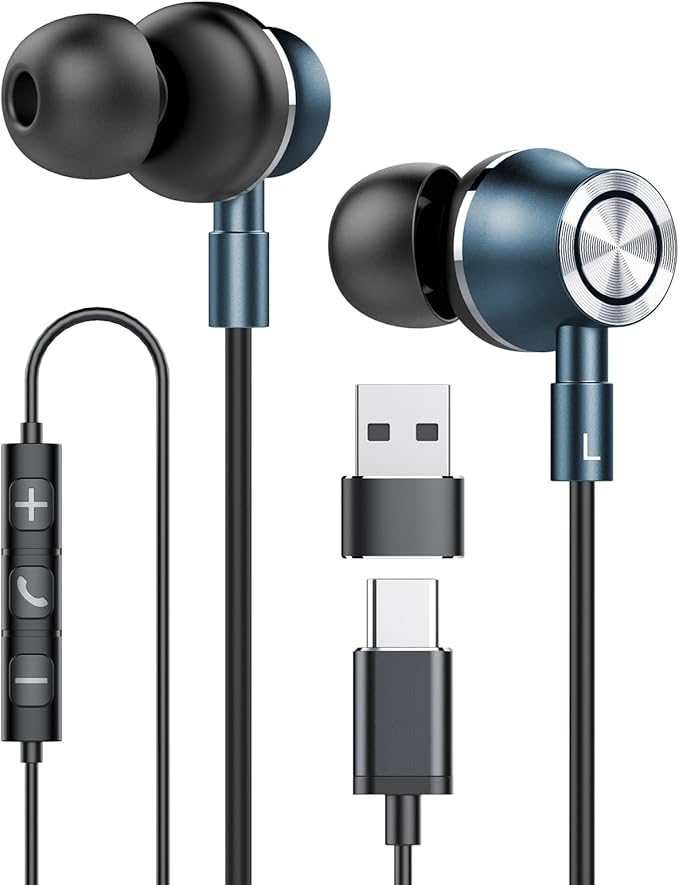 USB C Wired Earbuds, in Ear Earphones for Laptop PC with Microphone, Magnetic Noise Isolation Headset Compatible for iPhone 16 15 Pro Max Plus iPad Pro Samsung MacBook