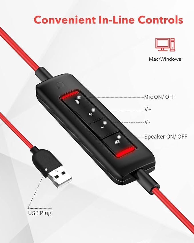 NUBWO HW02 USB Headset with Microphone Noise Cancelling &in-line Control, Ultra Comfort Computer Headset for Laptop pc, On-Ear Wired Office Call Center Headset for Boom Skype Webinars (USB-A)