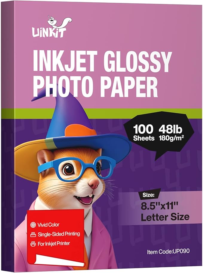 Uinkit Glossy 8.5x11 100 Sheets Inkjet Photo Paper 48lb 180Gsm Professional Photographic Paper Letter Size 8.5Mil Instant Dry Suitable for All Ink Printers