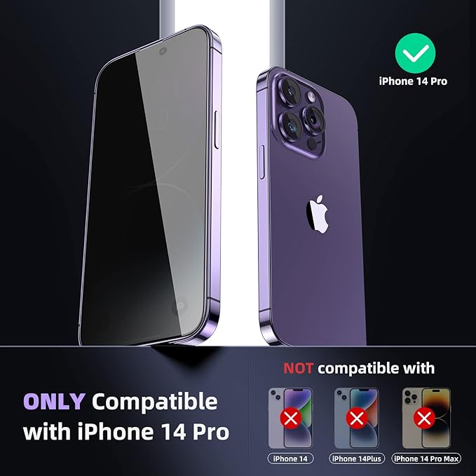 ruwa Privacy Screen Protector for iPhone 14 Pro [2-Pack][6.1 Inch] Display Tempered Glass Film with Easy Installation Frame, Ultra HD, 9H Hardness, Scratch Resistant, Case Friendly, Full Coverage