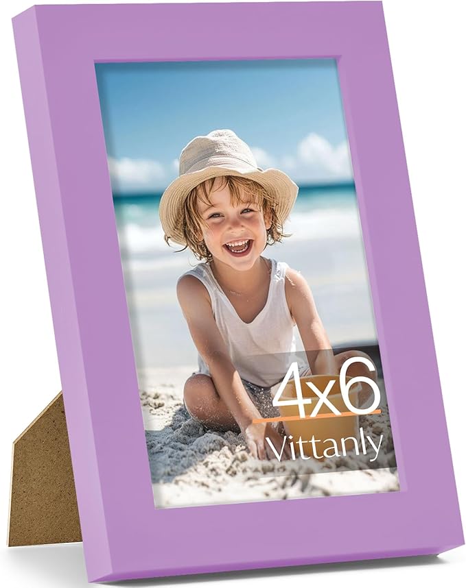 Vittanly 4x6 Picture Frame, Made of Solid Wood and Shatterproof Plexiglass, Wooden Photo Frame for Wall Mounting or Tabletop Display, Picture Frame for Home Decor with Stand, Purple, 1 Pack