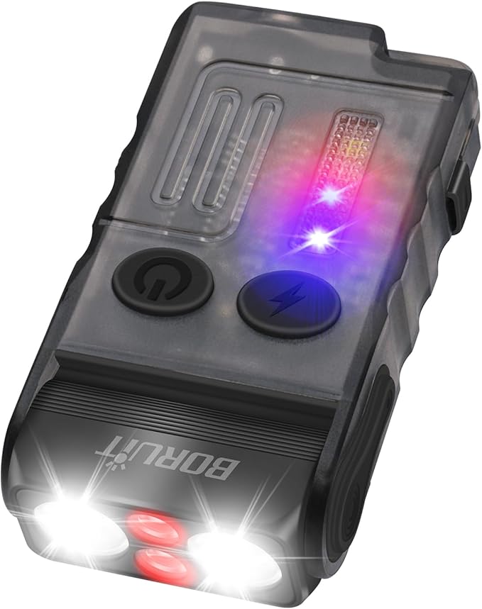 BORUIT V20 Small Powerful Flashlight Super Bright with Red Blue Warm Light, 180° Head Swivels 110dB Buzzer - Mini Keychain Pocket Rechargeable LED Flashlights USB EDC Clip Flash Light