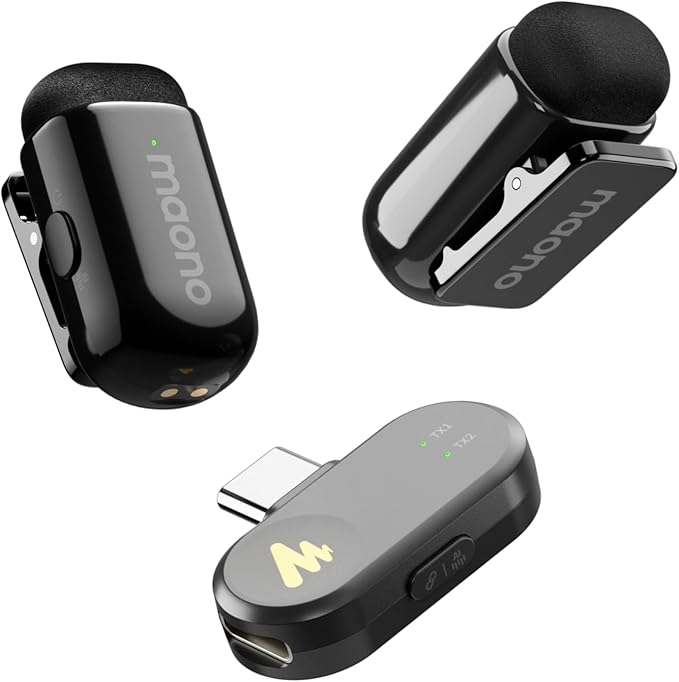 MAONO Wave T1 Mini Wireless Lavalier Microphone for iPhone 17 16 15, Android, Tablet, PC, Clip on Lapel Mic with USB-C Plug, Noise Cancellation, AI Voice Filter for Video Recording Vlog TikTok YouTube