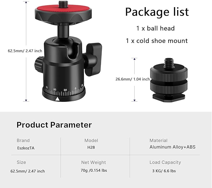 Universal 1/4" Swivel Mini Ball Head Screw Tripod Mount with Hot Shoe Mount, EszkozTA 360° Panoramic Rotating Mount Base Adapter for DSLR Cameras HTC Vive Tripods Monopods Light Stand
