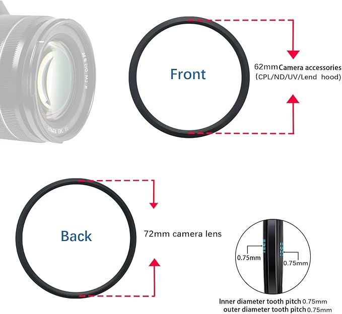 72mm to 62mm Camera Filter Ring /72mm to 62mm Step-Down Ring Filter Adapter for 62mm UV,ND,CPL,Metal Step-Down Ring
