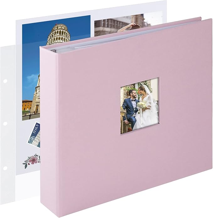 1DOT2 10x10 Inch 3 Ring DIY Scrapbook Photo Album Journal with 30 Plastic Sleeves 60 Pages and Fabric Cover for Baby Travel Wedding Couple Anniversary kids Adventure (Pink Cover/White Pages)
