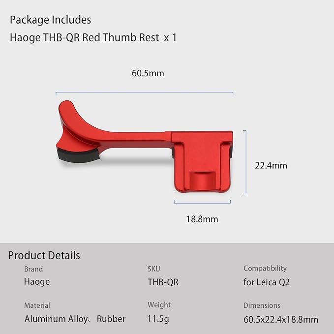 Haoge THB-QR Metal Hot Shoe Thumb Up Rest Thumbs Up Hand Grip for Leica Q2 Camera Red