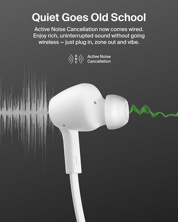 Belkin SoundForm Active Noise Cancelling Earbuds Wired with USB C Connector, IPX5-Rated, in-Ear Earphones w/Microphone for iPhone 17/16/15, iPad mini, Galaxy S25, Google Pixel 10, & More - White