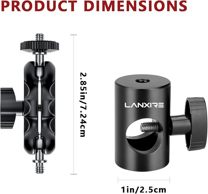 Lanxire 1/4" Screw Mount Adapter (2 Pack) with Dual Joint Tilt for C Stand Boom Arm, Mount Converter with Double Ball Head, for Flash Bracket Photography Light Stand Overhead Camera Mount, 0213