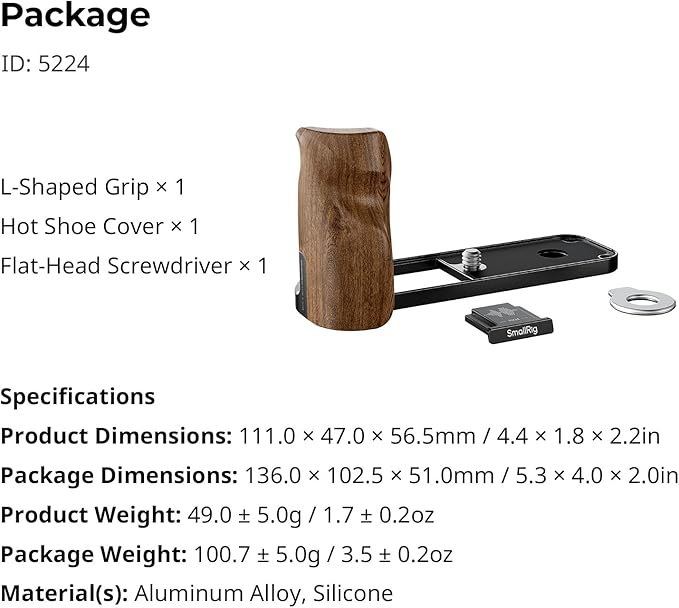 SMALLRIG X Half Wooden L-Shaped Mount Plate for FUJIFILM, L Plate with Ergonomic Wood Side Handle, Includes Hot Shoe Cover (Black) - 5224