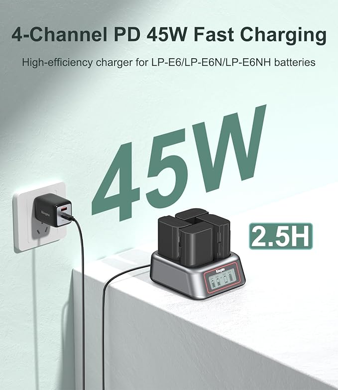 King Ma LP-E6 Camera Battery Charger,4 Channel Battery Charger for LP-E6,45W PD Fast Charging with LED Display,Compatible with EOS R5/R5 C/R6/R7/5D Mark II/III/IV/6D/6D II/7D/80D/70D/60D