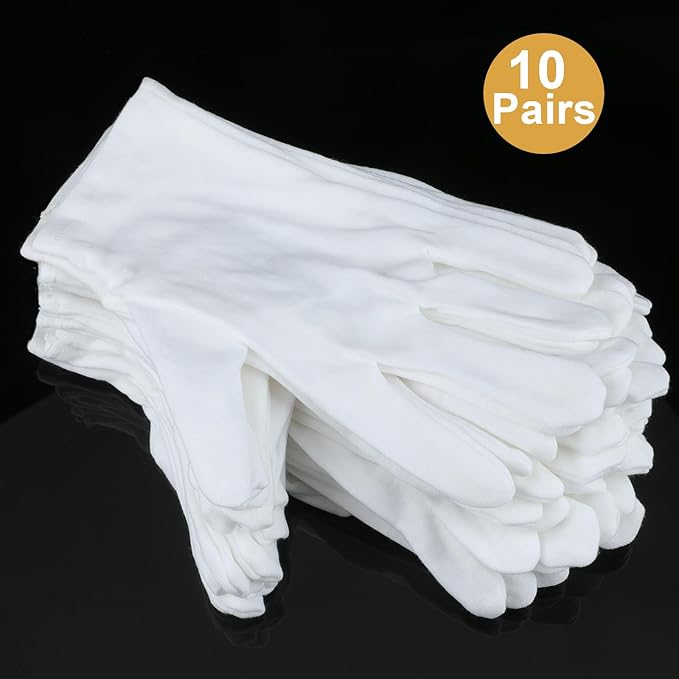 Senkary 10 Pairs White Cotton Gloves for Men Women, Cloth Work Gloves Liners for Art Handling, Photography, Photo, Coin Jewelry Inspection, Archival, Dry Hands Sleeping, Eczema