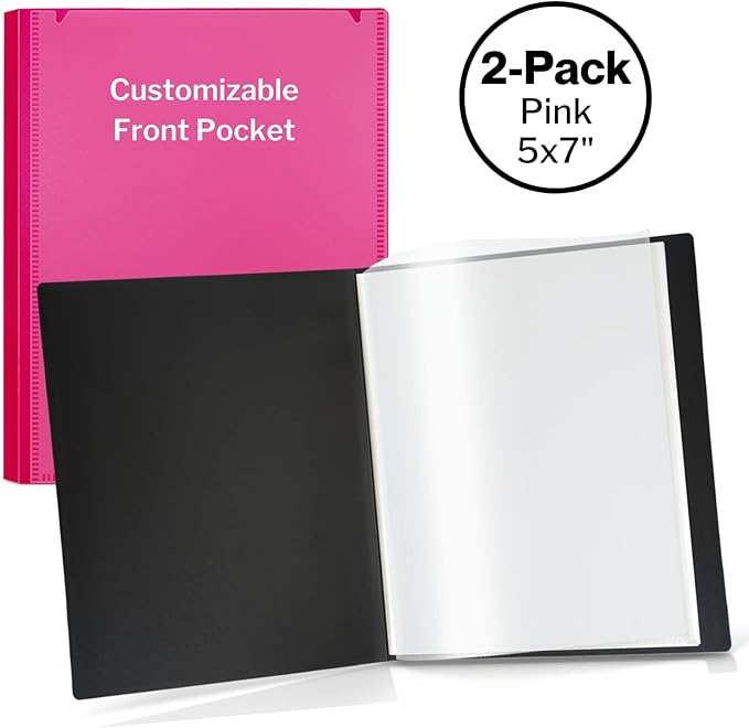 CRANBURY Small Photo Album 5x7 (Pink), 2-Pack Plastic Photo Book, 24 Pockets Show 48 Pictures, Mini Picture Binder with Customizable Album Cover, 5 x 7 Clear Sleeves