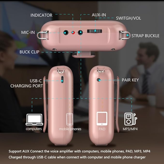Norwii Bluetooth Voice Amplifier, Power Amplifiers, Portable Mini Wired Microphone Headset for Teacher Classroom & Outdoor Lectures, Teaching, Tour Guides, USB-C Rechargeable - 2000mAh, Rosegold