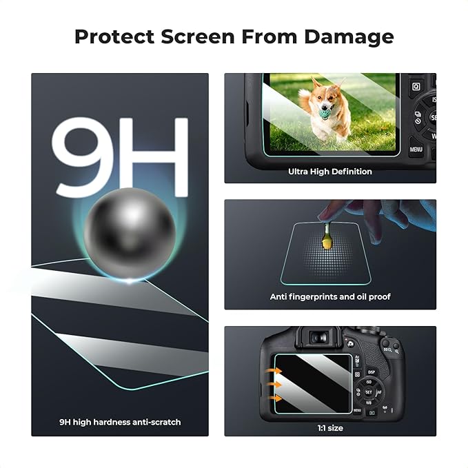 K&F CONCEPT 3 Pack Camera Screen Protector Compatible with Canon EOS Rebel T7 T6 T5, 0.3mm 9H Hardness Tempered Glass Cover Anti-Scratch Bubble-Free & Hot Shoe Cover