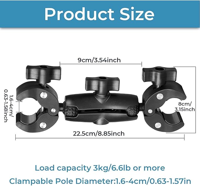 Sequpr Super Clamp Double Camera Clamp Mount with Non-Slip Head, Magic Arm Double Ball Head Adapter for Photography Light Stand, Umbrella, Selfie Stick, Reflector, Desktop, Cross Bars