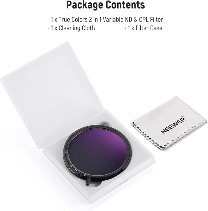 NEEWER 72mm True Colors Variable ND&CPL Filter with Putter, ND3-64(1.5-6 Stops), 2 in 1 Adjustable Limited Neutral Density & CPL Filter, Multi Coated HD Optical Glass/Aluminum Frame/Scratch Resistant