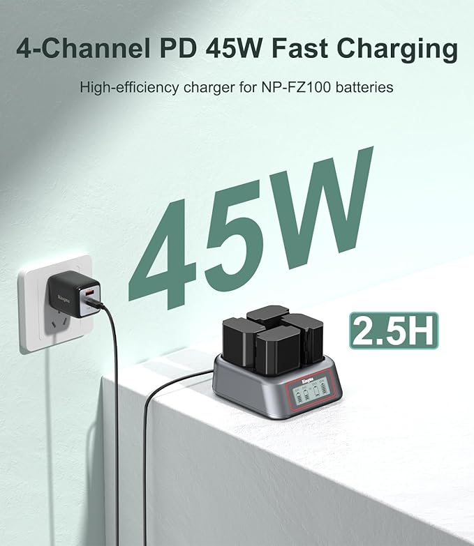 King Ma NP-FZ100 Battery Charger,4 Channel for Camera Battery Charger,45W PD Fast Charging with LED Display,Compatible with A7III/A7IV/A7RIII/A7RV/A7C/A7CII/A6700/A9/A1/ZV - E1