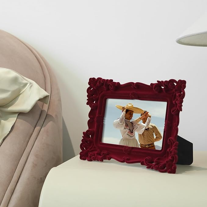 Vintage 4x6 Frame with Stand for Shelf End Table Decor, Old-fashioned Decorative Photo Frame for Victorian Home Decor, Small Picture Frame for Grandparents Memorial Housewarming (Wine Red)