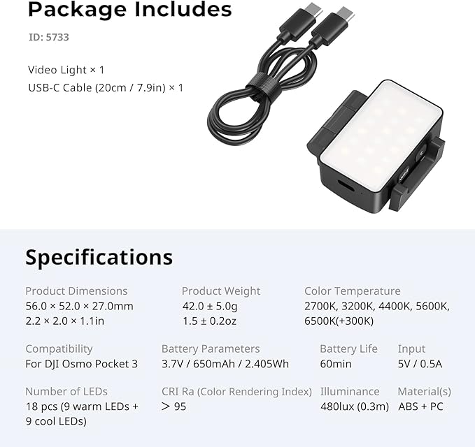 SmallRig Bi-Color LED Video Light for DJI Osmo Pocket 3, Mini Video Light with 650mAh Battery, CCT Mode 2700K-6500K, 360° Adjustments, for Selfie Vlog Recording, Content Creators Photographer - 5733