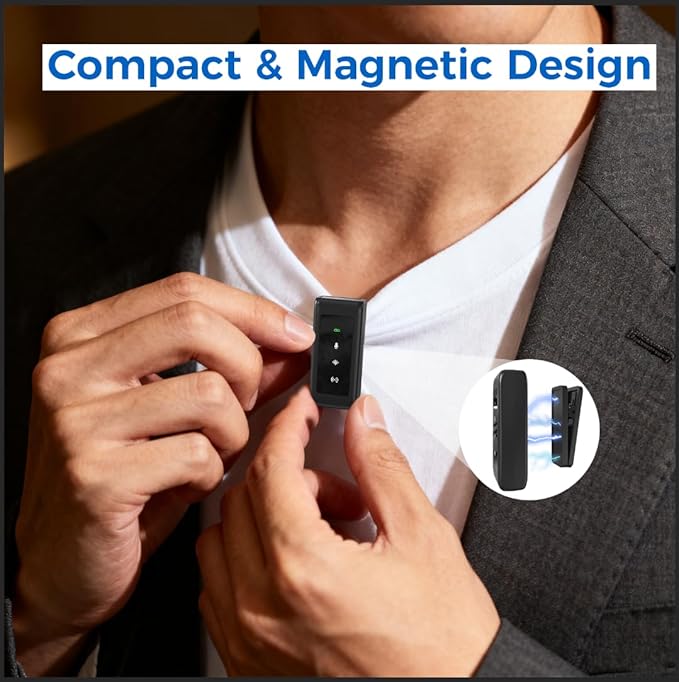 P PANACARE Wireless Lavalier Microphone, Mini Lapel with Magnetic Clip/Noise Cancelling, Plug-Play Wireless Microphone for Video Recording/Podcast/YouTube/TikTok/Vlog, for iPhone/iPad/Android (Black)