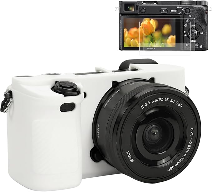 Pocoukate Case for Sony Alpha A6400, A6300, Camera, Soft Silicone Protective Cover Skin with Screen Protector Accessories for Sony Alpha A6400 / 6300 Digital Camera Silicone Cas - White