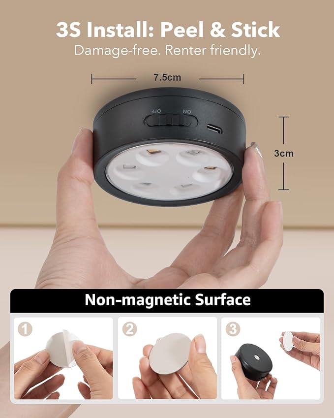 Rechargeable Puck Lights with Remote Control, 2400mAh Battery Stick On Spot Lights Indoor for Cupboards, RGB+3CCT, 4 Packs