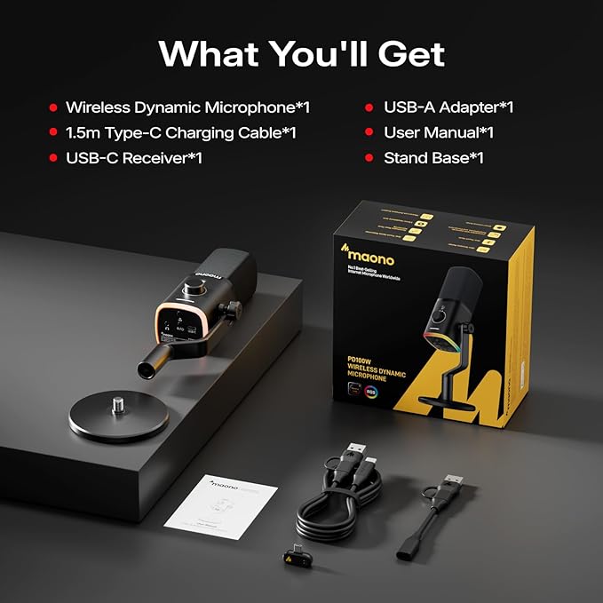 MAONO PD100W Wireless/USB Microphone, PC Gaming Streaming Dynamic Mic with One-Click Noise Reduction,Mute Button,Custom RGB, 3.5mm Headphone Jack, Desktop Podcasting Mic for Computer Phone, Black