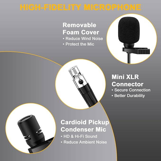 Wireless Lapel Microphone System with Headset & Lavalier Mics, UHF Bodypack Transmitters, Mini Rechargeable Receiver, 48 Channels in 500MHz, 260ft Range, Plug & Play for Wedding Speech Church