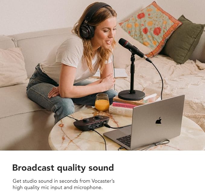 Focusrite Vocaster One Studio – Podcasting Interface for Solo Podcast Recording with Professional Quality Vocaster DM1 Dynamic Microphone & HP60v Headphones. 1 Mic Input & Headphone Output
