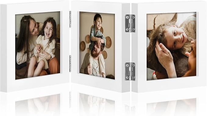 decorUhome Triple 4x4 Picture Frame Vertical, Engineered Wood Trifold Photo Frame with Plexiglass for Tabletop Display, 4x4, White